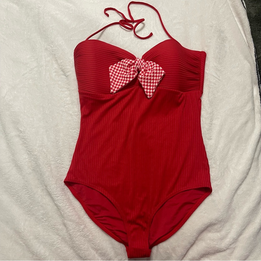 Matilda Jane Poolside Party Red One Piece Swimsuit with Gingham Bow L